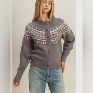 Hyfve, new in poly, Grey Fair Isle Button-Front Knit Cardigan, Size S/M/L